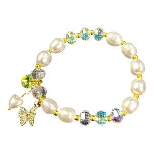 Pearl and Crystal Beaded Stretch Bracelet with Charms